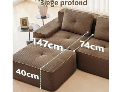 Sofá*DripeX Sofá de Canto Modular Forma de U em Veludo cotelê, com 2 puffs e 3 almofadas, 293x177x69cm, Marrom Castanho