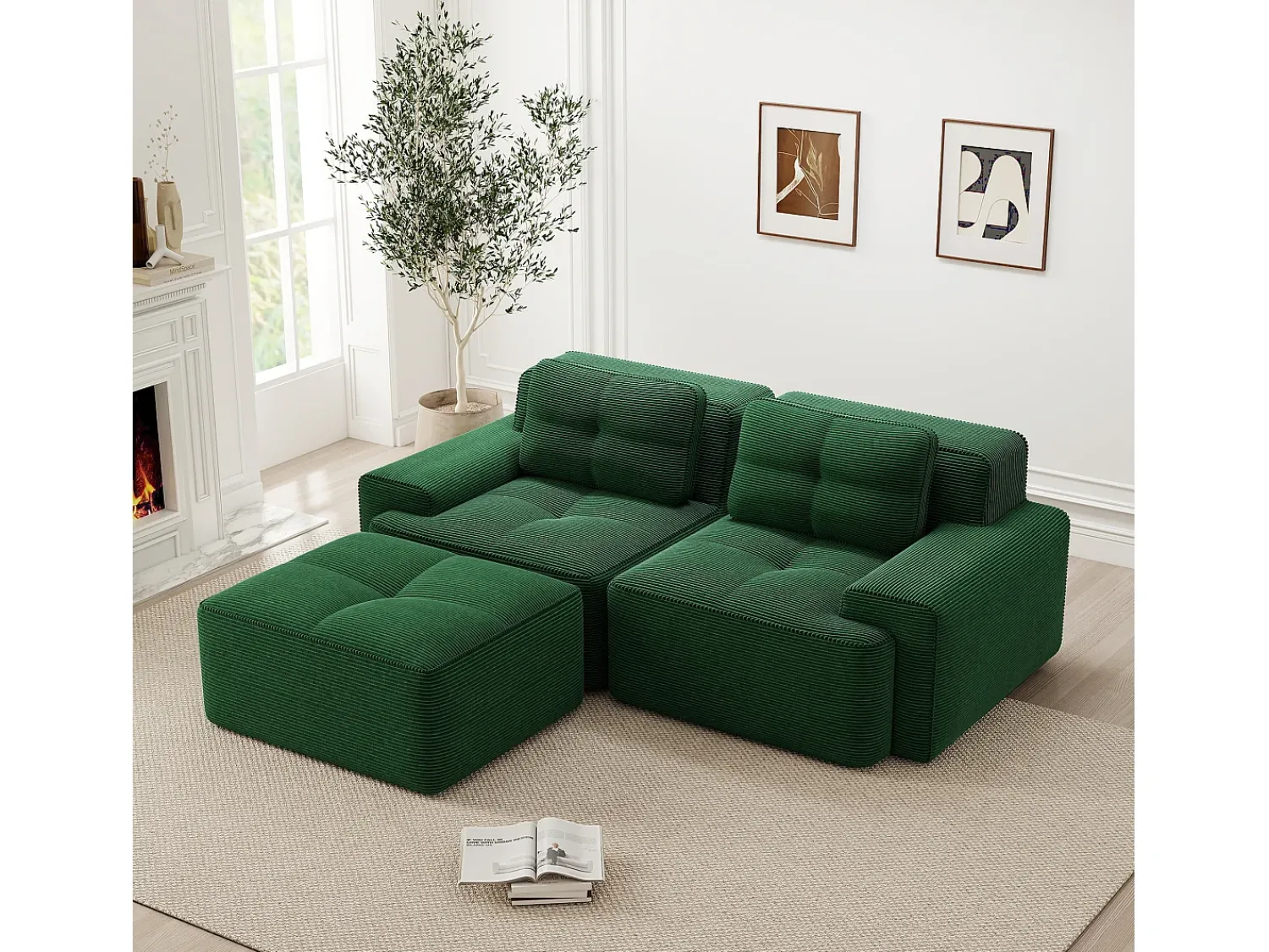 Sofá| Sofá de canto modular sem estrutura em veludo cotelê . Verde