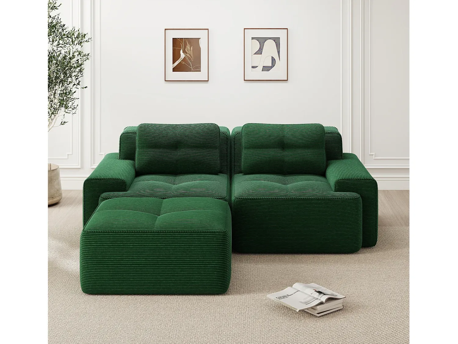 Sofá| Sofá de canto modular sem estrutura em veludo cotelê . Verde