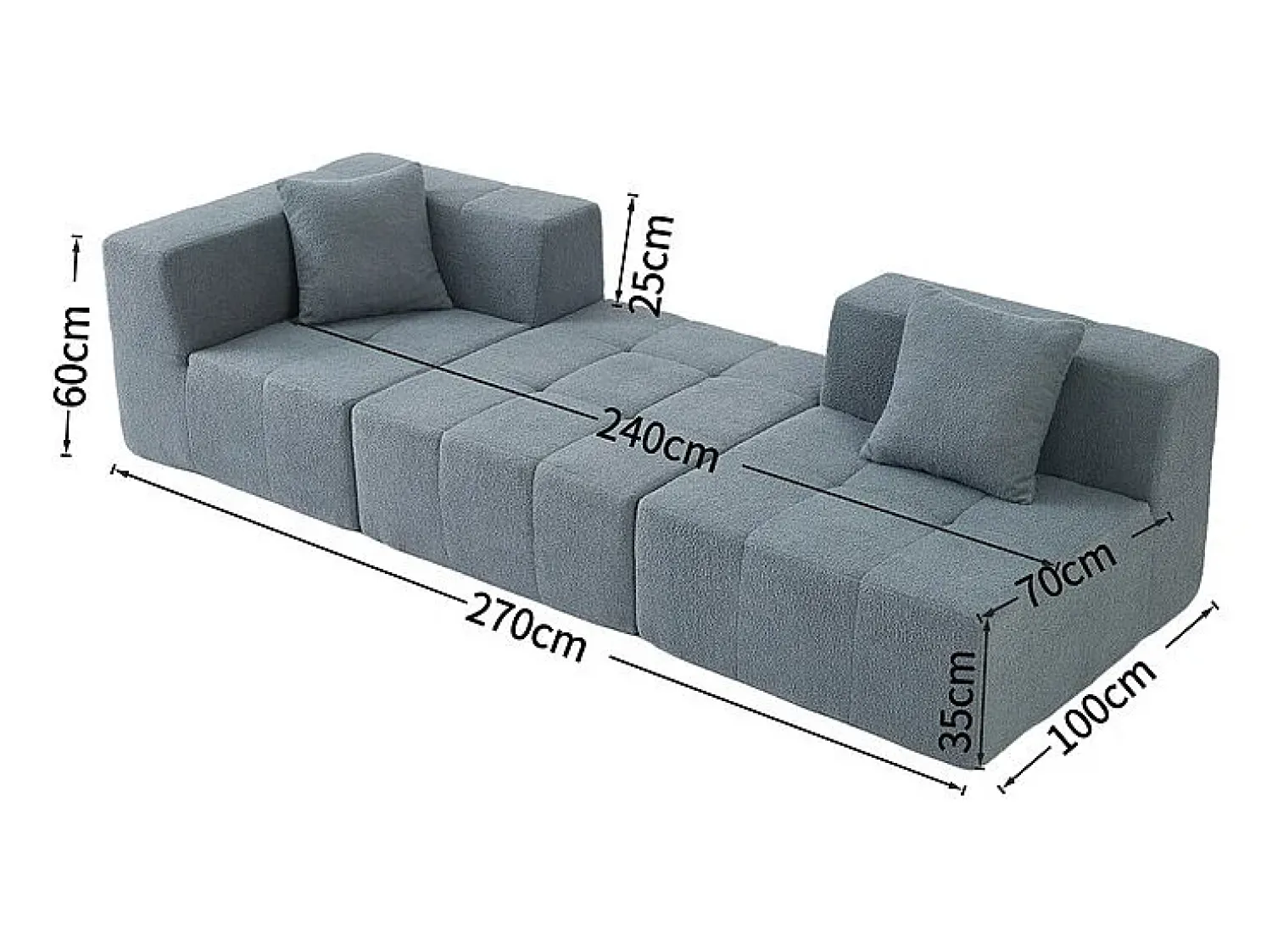 DripeX Sofá de canto modular tecido - pufe e 2 travesseiros - - 270x100x60cm^ Sofá
