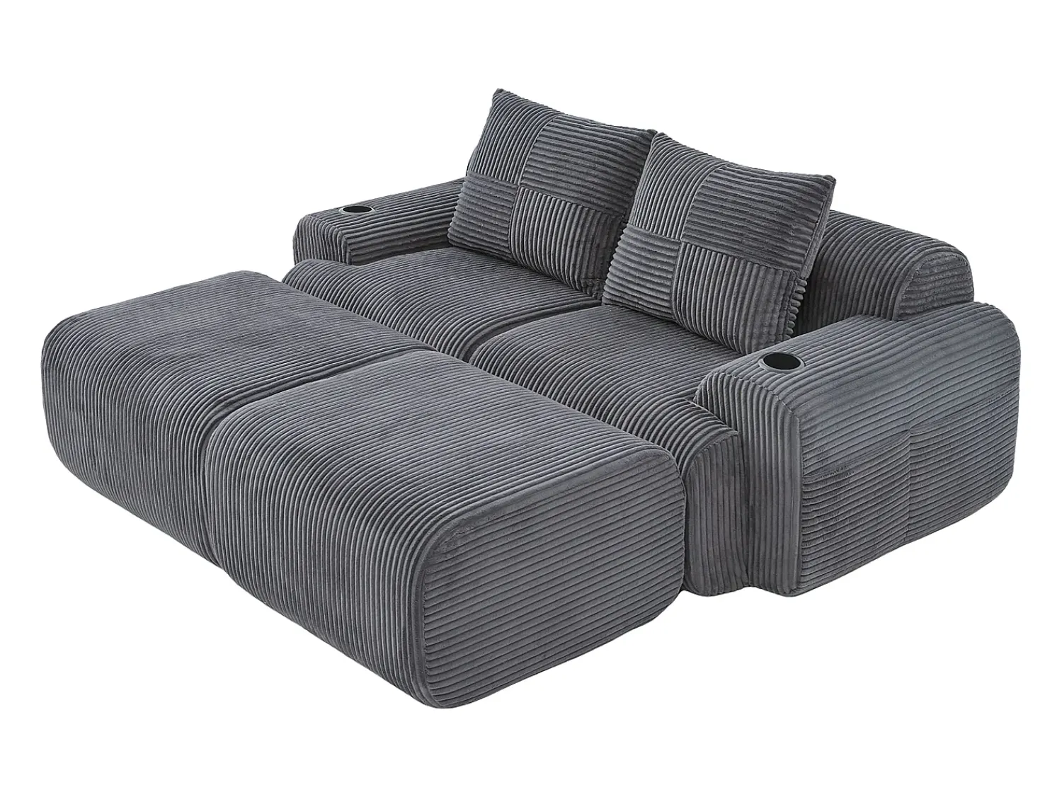 Sofá|DripeX Sofá de canto modular veludo canelado, porta-copos, 2 pufes e 2 almofadas, 200x174x80cm, Cinzento antracite Cinza antracite