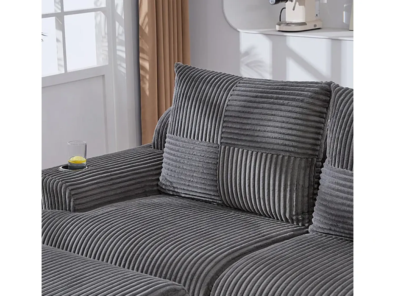 Sofá|DripeX Sofá de canto modular veludo canelado, porta-copos, 2 pufes e 2 almofadas, 200x174x80cm, Cinzento antracite Cinza antracite