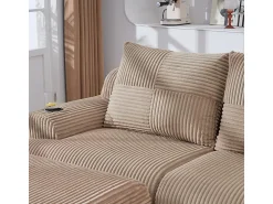 Hot DripeX Sofá de canto modular veludo canelado, porta-copos, 2 pufes e 3 almofadas, 268x174x80cm, Cáqui Caqui