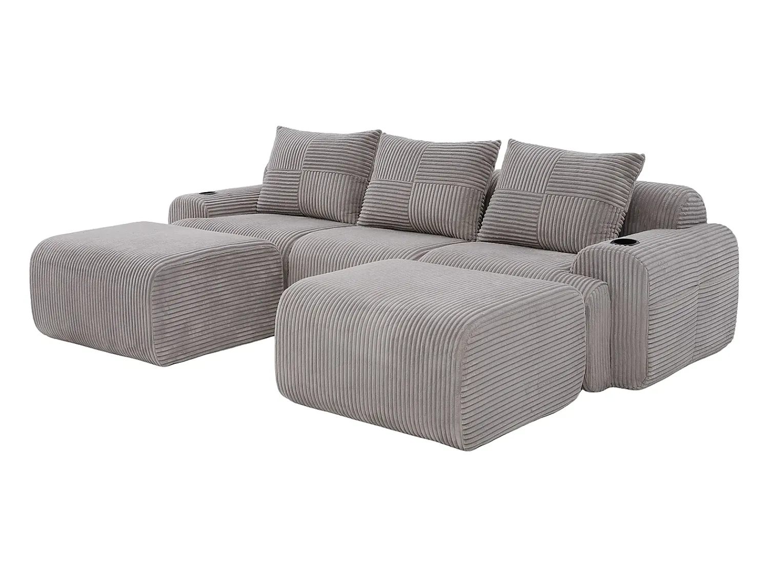 DripeX Sofá de canto modular veludo canelado, porta-copos, 2 pufes e 3 almofadas, 268x174x80cm, Cinzento claro