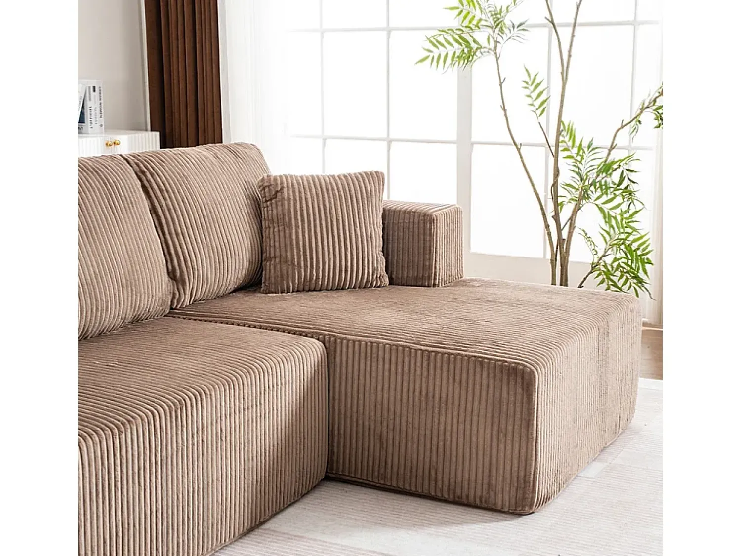 Online DripeX Sofá de canto panorâmico - Veludo canelado - 4 almofadas, 2 travesseiros, 2 chaises - 332x156x88cm Castanho
