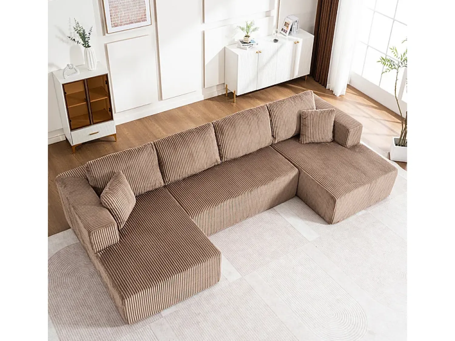 Online DripeX Sofá de canto panorâmico - Veludo canelado - 4 almofadas, 2 travesseiros, 2 chaises - 332x156x88cm Castanho