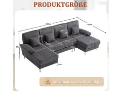 Sofá*DripeX Sofá de canto panorâmico em veludo - 4 lugares - com LED RGB e porta USB+Type-C - 265x135x88cm - Cinza Cinzento