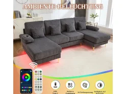 Sofá*DripeX Sofá de canto panorâmico em veludo - 4 lugares - com LED RGB e porta USB+Type-C - 265x135x88cm - Cinza Cinzento