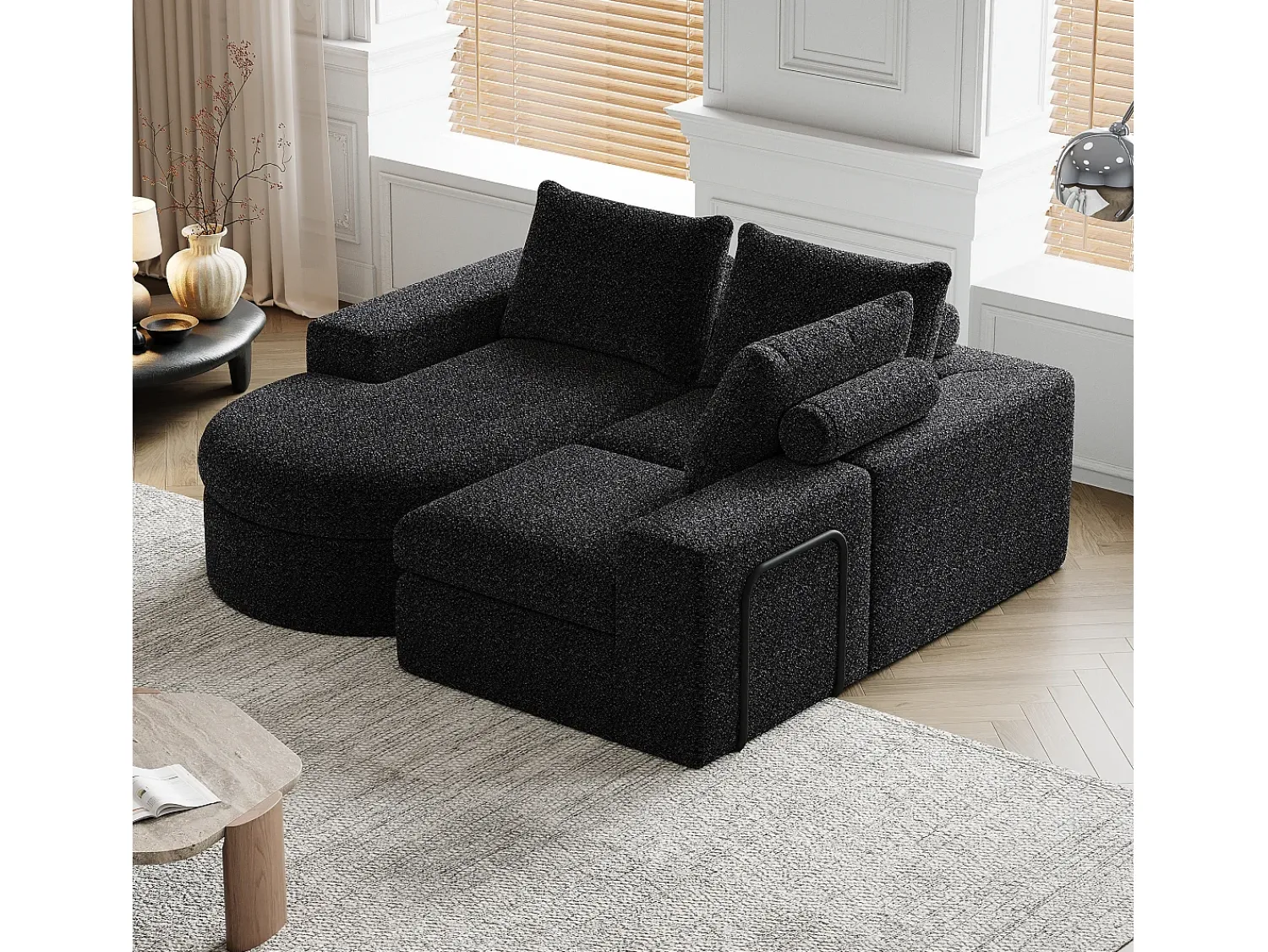 Sofá* Sofá de canto - Sofá de 3 lugares com 3 almofadas e 2 encostos de cabeça - chenille Preto
