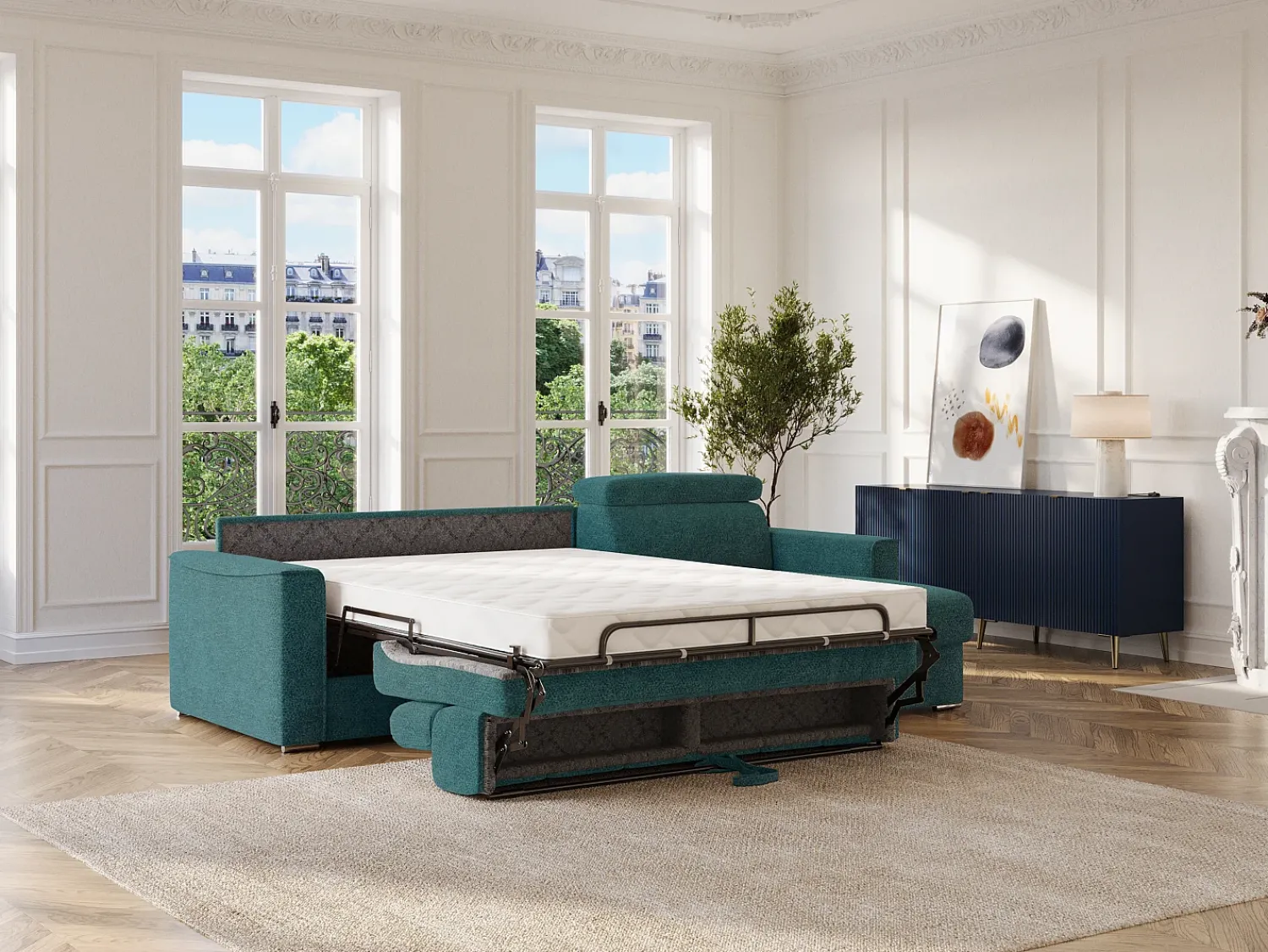 Sofá*Vente-unique Sofá de canto reversível conversível abertura rápida em tecido azul - Cama 140 cm - Colchão 18 cm VIZIR Azul esverdeado