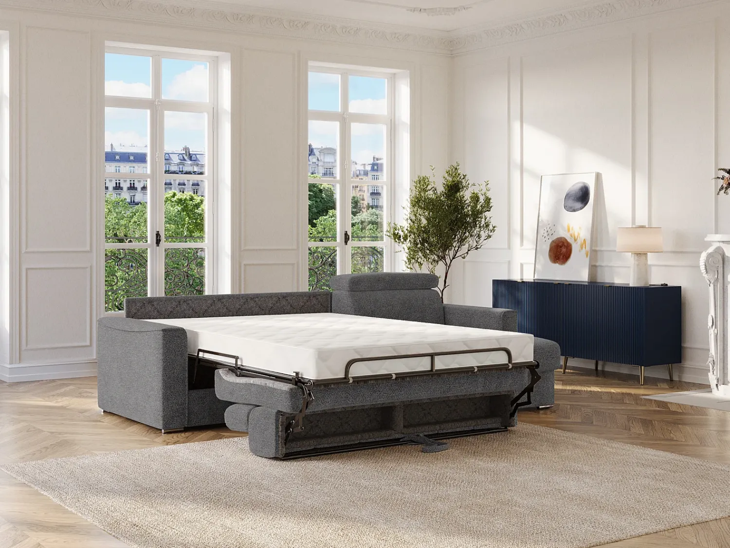 Vente-unique Sofá de canto reversível conversível abertura rápida em tecido cinza - Sofá-cama 160 cm VIZIR^ Sofá