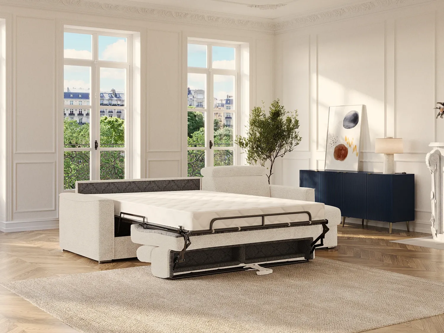 Sofá|Vente-unique Sofá de canto reversível com abertura rápidaão erpress em tecido - Espiritamente de sono para conservação 140 cm VIZIR Bege