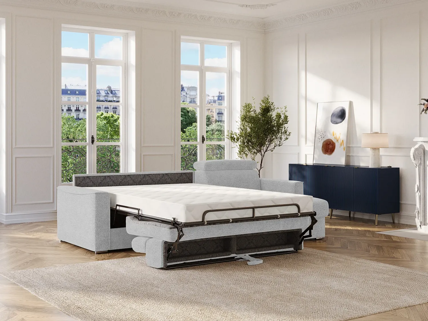 Sofá|Vente-unique Sofá de canto reversível conversível abertura rápida em tecido cinza claro - Espaço para dormir 160 cm VIZIR Cinzento claro