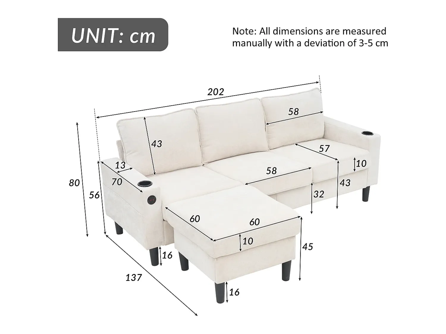 Sofá|Hauss Spole Sofá de canto reversível de 3 lugares em linho , com portas USB e Tipo C - 202x137x80cm Bege