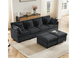 Hauss Spole Sofá de quatro lugares em tecido chenille com 2 pufes e 6 almofadas.^ Sofá