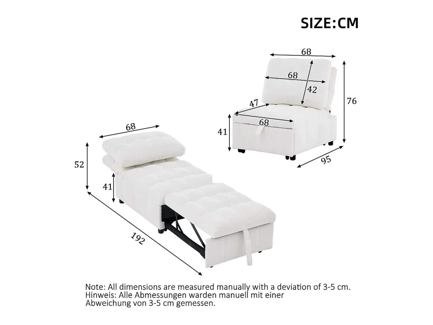 Sofá|ModernLuxe Sofá de um lugar - 68x95x76 cm - encosto ajustável - profundidade do assento ajustável - Branco
