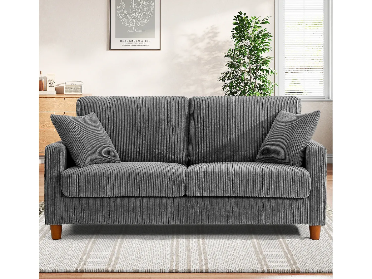 Sofá*DripeX Sofá de veludo cotelê de 2 lugares, Sofá estofado moderno reto grande com assentos extra profundos 56cm - 2 almofadas - 178x76x89cm - Cinzento