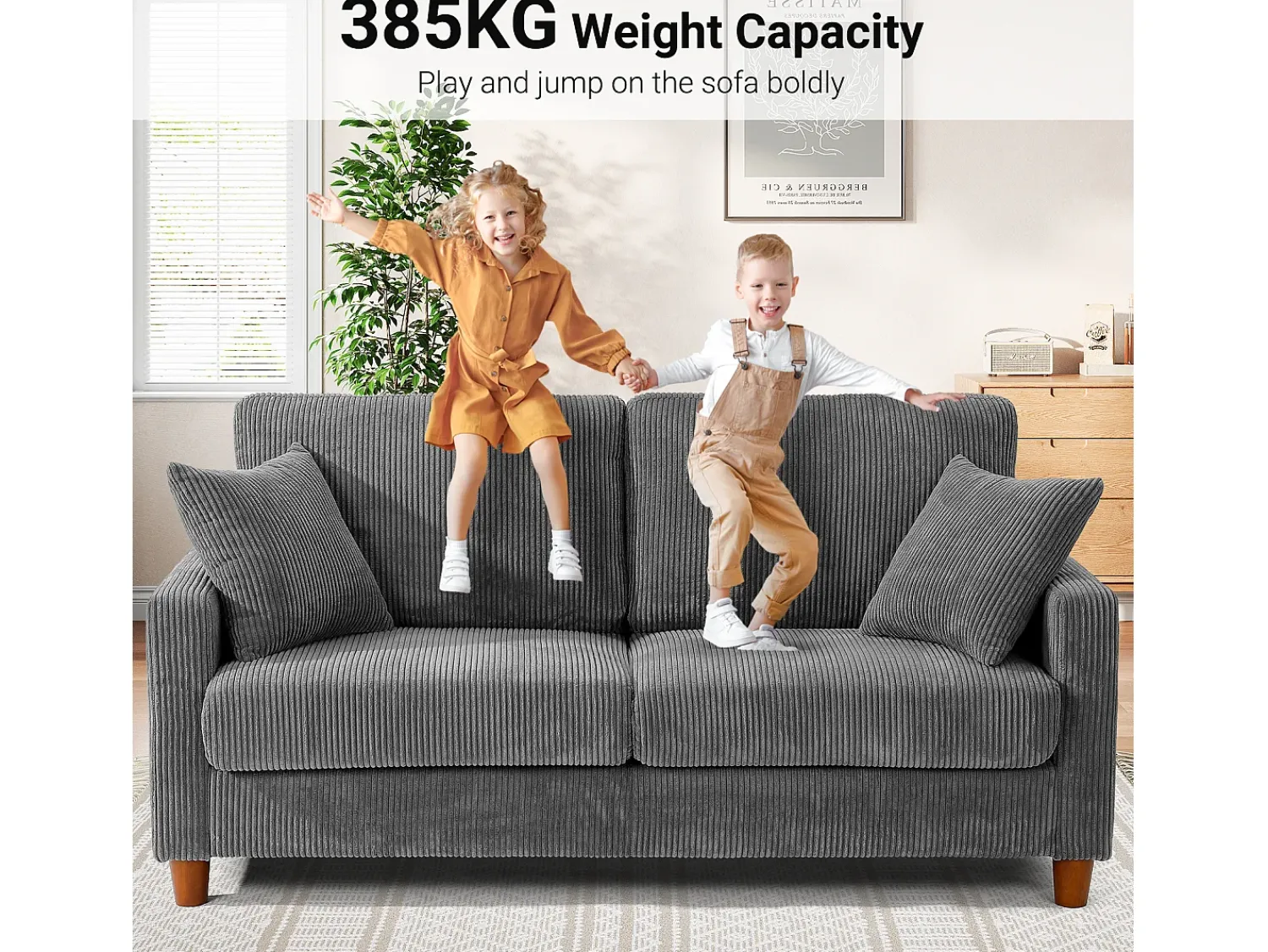 Sofá*DripeX Sofá de veludo cotelê de 2 lugares, Sofá estofado moderno reto grande com assentos extra profundos 56cm - 2 almofadas - 178x76x89cm - Cinzento
