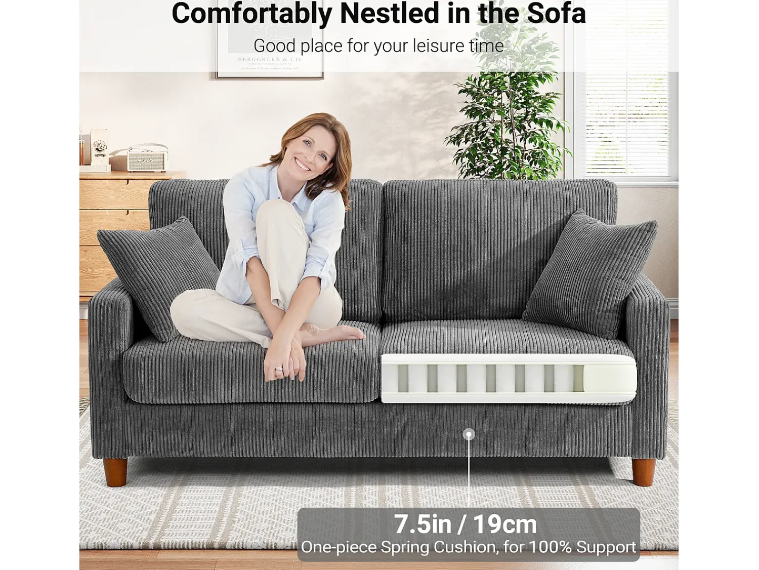 Sofá*DripeX Sofá de veludo cotelê de 2 lugares, Sofá estofado moderno reto grande com assentos extra profundos 56cm - 2 almofadas - 178x76x89cm - Cinzento