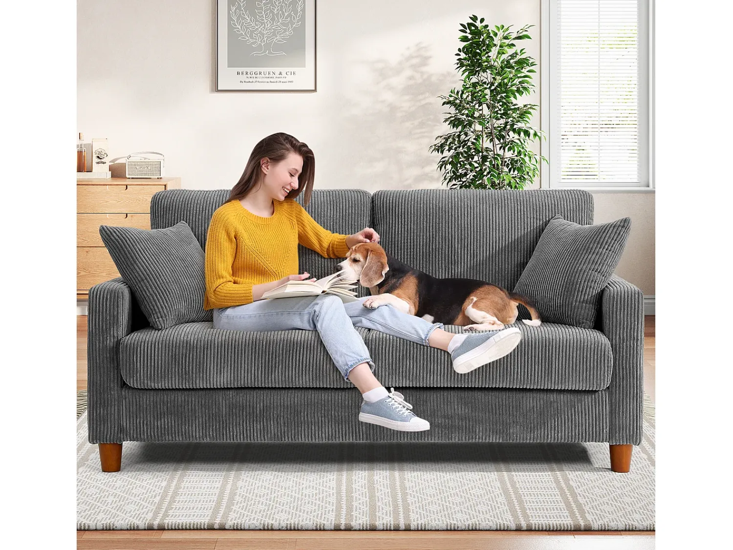 Sofá*DripeX Sofá de veludo cotelê de 2 lugares, Sofá estofado moderno reto grande com assentos extra profundos 56cm - 2 almofadas - 178x76x89cm - Cinzento