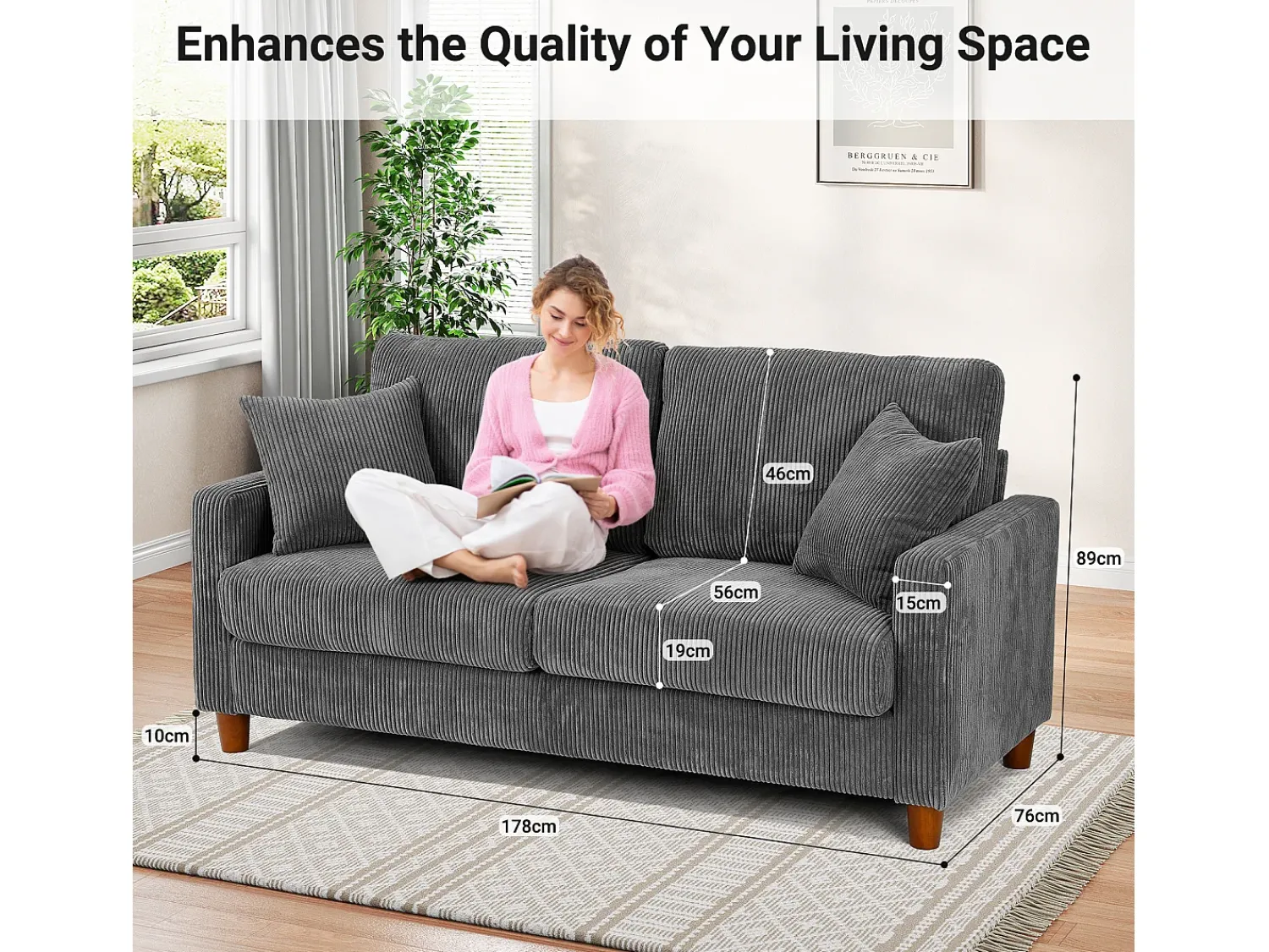 Sofá*DripeX Sofá de veludo cotelê de 2 lugares, Sofá estofado moderno reto grande com assentos extra profundos 56cm - 2 almofadas - 178x76x89cm - Cinzento
