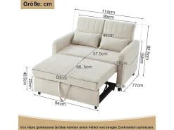 Sofá*KOMHTOM Sofá dobrável de dois lugares, design dobrável, costas ajustáveis, tecido de algodão e linho, Bege