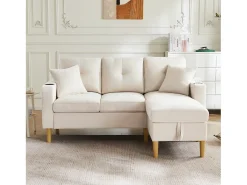 Sofá| Sofá em L com chaise longue e espaço de armazenamento. 3 lugares com porta-copos e 2 almofadas. Para sala de estar, escritório ou apartamento. Com vídeo. Bege