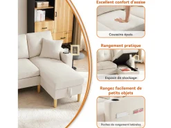 Sofá| Sofá em L com chaise longue e espaço de armazenamento. 3 lugares com porta-copos e 2 almofadas. Para sala de estar, escritório ou apartamento. Com vídeo. Bege