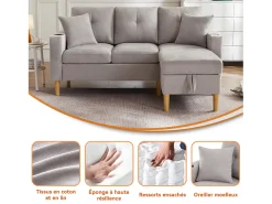 Sofá* Sofá em L com chaise longue, compartimento para arrumação, suporte para copos e 2 almofadas. Ideal para sala de estar, escritório ou apartamento. Inclui vídeo. Cinzento