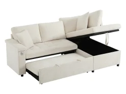 Hot ModernLuxe Sofá em L com sofá-cama arquivado - com espaço de armazenamento - carregamento USB - 2 almofadas - Bege
