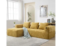 Sale Merax Sofá em L de 3 lugares - 250 x 158 x 60 cm - com chaise longue + braços + 3 almofadas - Chenille - Amarelo