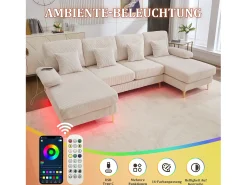 Hot Merax Sofá em U - 265 x 135 x 88 cm - com LEDs + porta USB-C + 4 almofadas - veludo - Bege