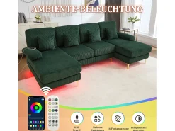Merax Sofá em U - 265 x 135 x 88 cm - com LEDs + porta USB-C + 4 almofadas - veludo -^ Sofá