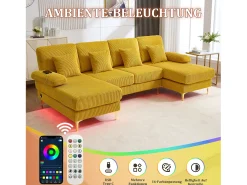 Sofá*Merax Sofá em U - 265 x 135 x 88 cm - com LEDs + porta USB-C + 4 almofadas - veludo - Amarelo
