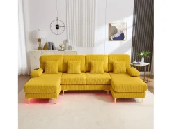 Sofá*Merax Sofá em U - 265 x 135 x 88 cm - com LEDs + porta USB-C + 4 almofadas - veludo - Amarelo