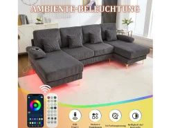Clearance Merax Sofá em U - 265 x 135 x 88 cm - com LEDs + porta USB-C + 4 almofadas - veludo - cinza Cinzento
