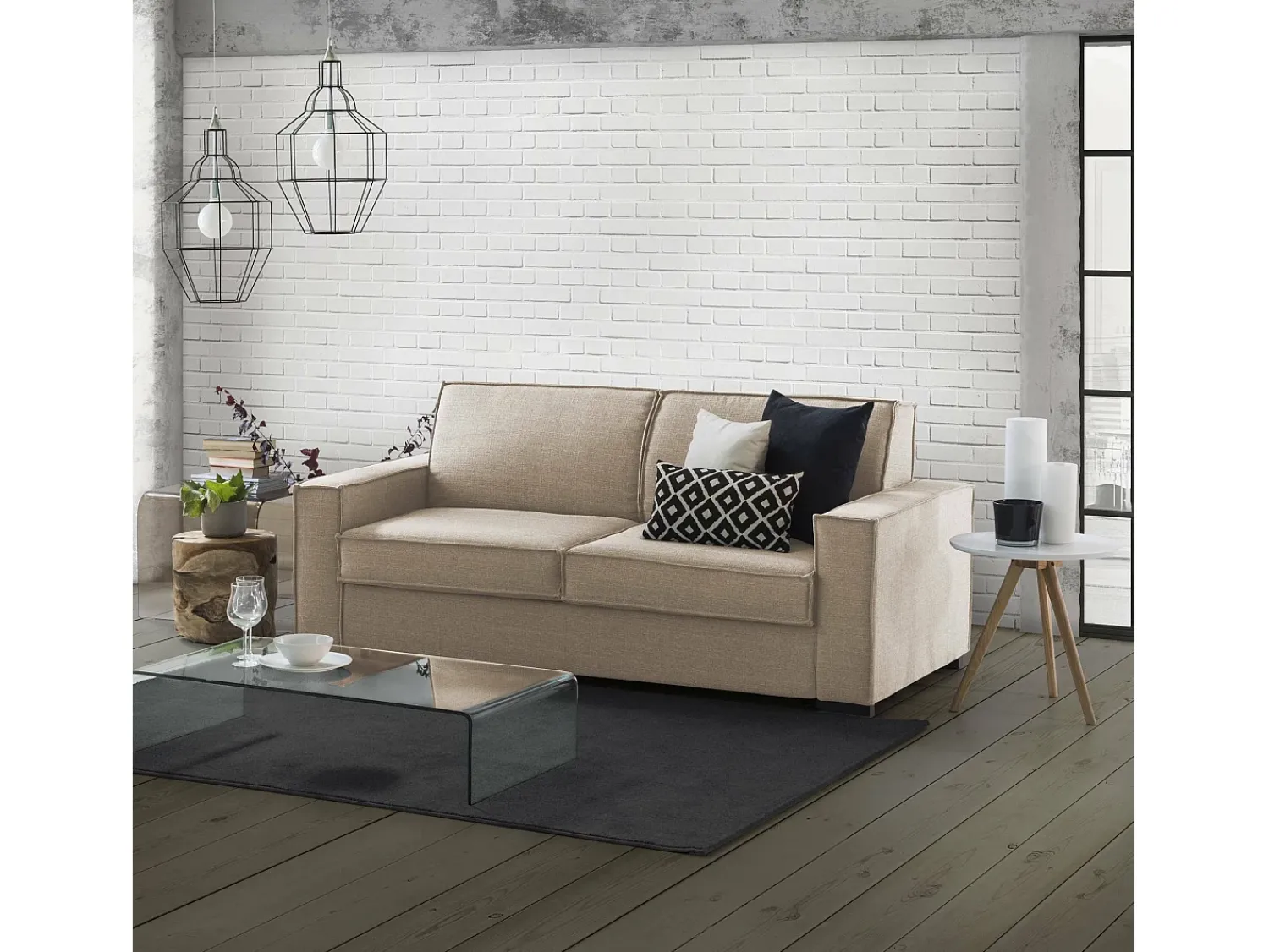 Sofá|Talamo Italia Sofá fixo Daarn, sofá de 3 lugares, 100% Fabricado na Itália, Sofá da sala em tecido, com braços finos, 200x95h90 cm, Bege