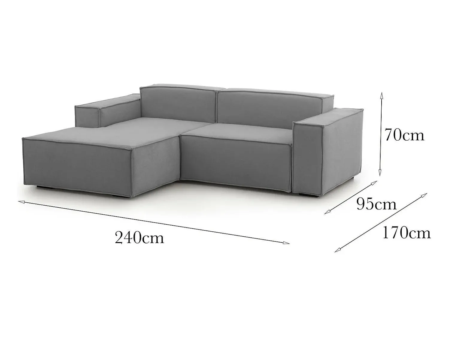 Talamo Italia Sofá fixo Daniela, Sofá modular grande de 2 lugares com península esquerda, 100% Fabricado na Itália, Sofá de tecido moderno, 240x170h70 cm, Cinza Cinzento