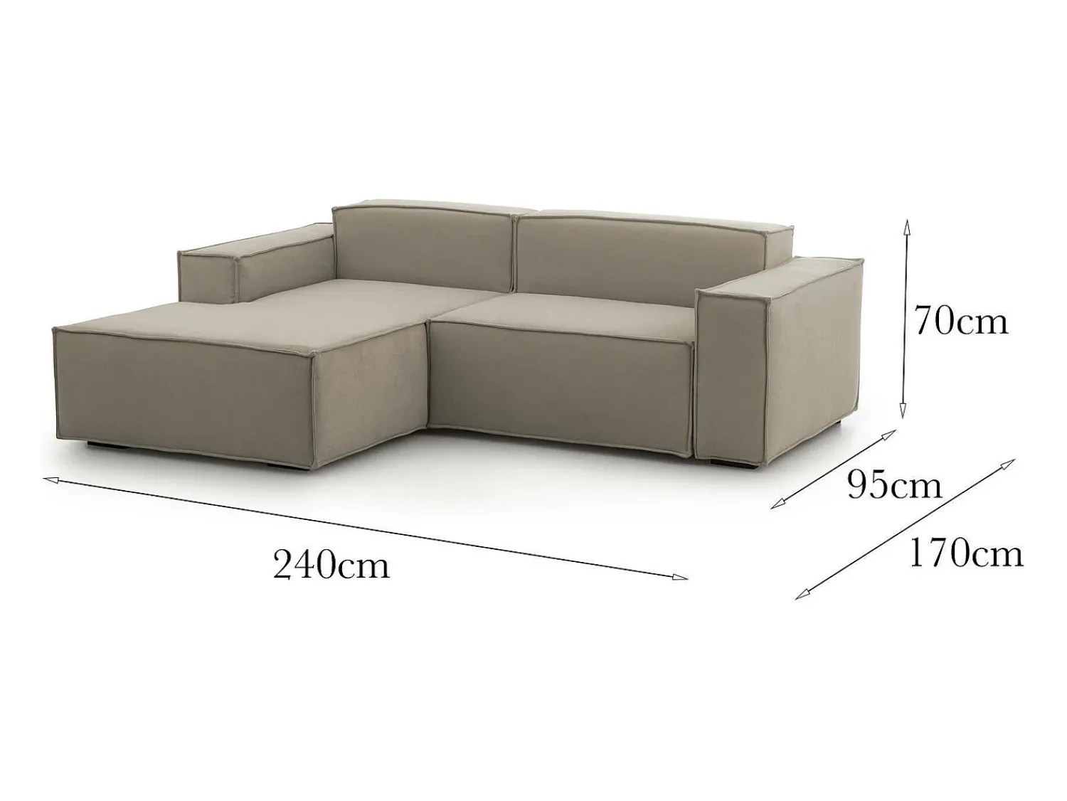 Sofá|Talamo Italia Sofá fixo Dcagnan, Sofá modular grande de 2 lugares com península esquerda, 100% Fabricado na Itália, Sofá de tecido moderno, 240x170h70 cm, Taupe Cinzento