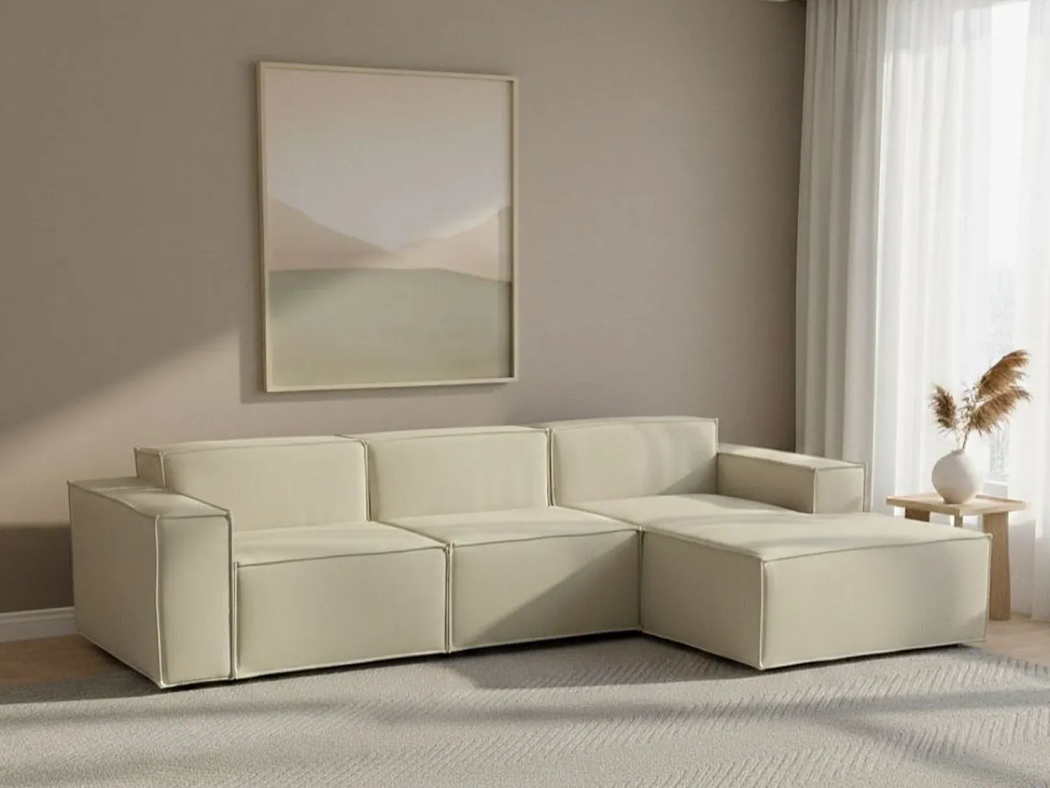Sofá*Talamo Italia Sofá fixo Ddzek, sofá modular de 3 lugares com península direita, 100% Fabricado na Itália, Sofá de tecido moderno, 300x170h70 cm, Bege