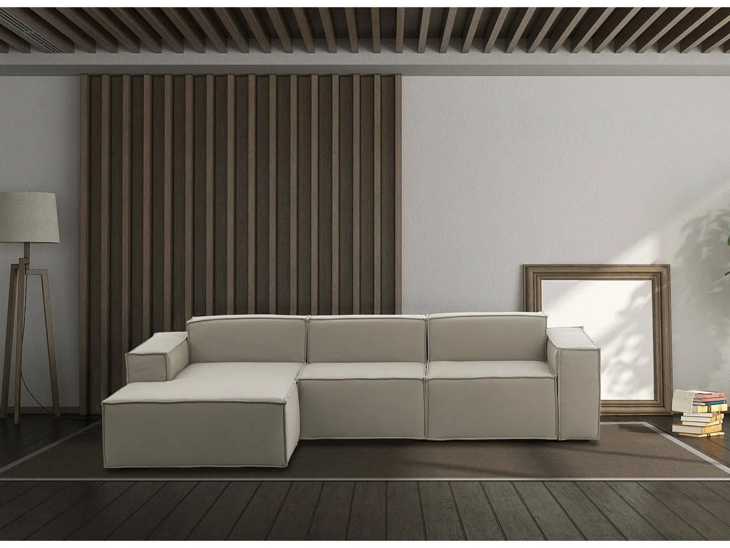 Sofá*Talamo Italia Sofá fixo Dflori, sofá modular de 3 lugares com península esquerda, 100% Fabricado na Itália, Sofá de tecido moderno, 300x170h70 cm, Taupe Cinzento