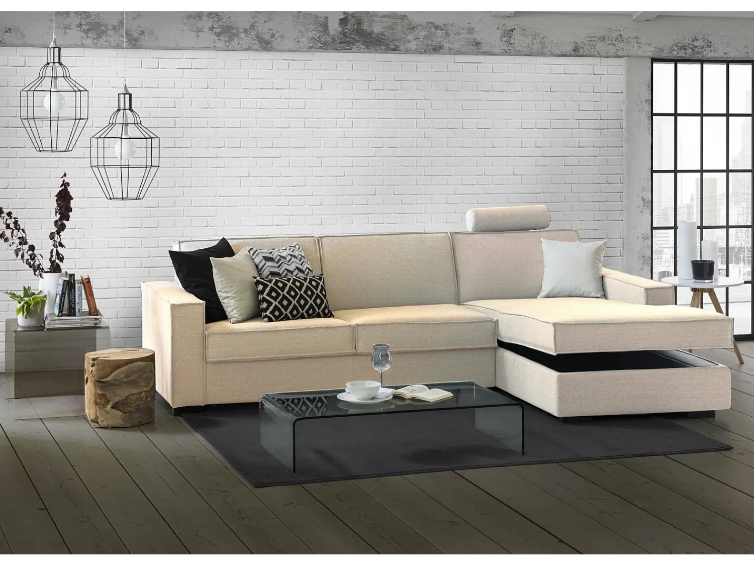 Sofá*Talamo Italia Sofá fixo Dgodea, Sofá de canto, 100% Fabricado na Itália, Sofá da sala com, Península direita, com braços finos, Cm 260x95h90, Bege