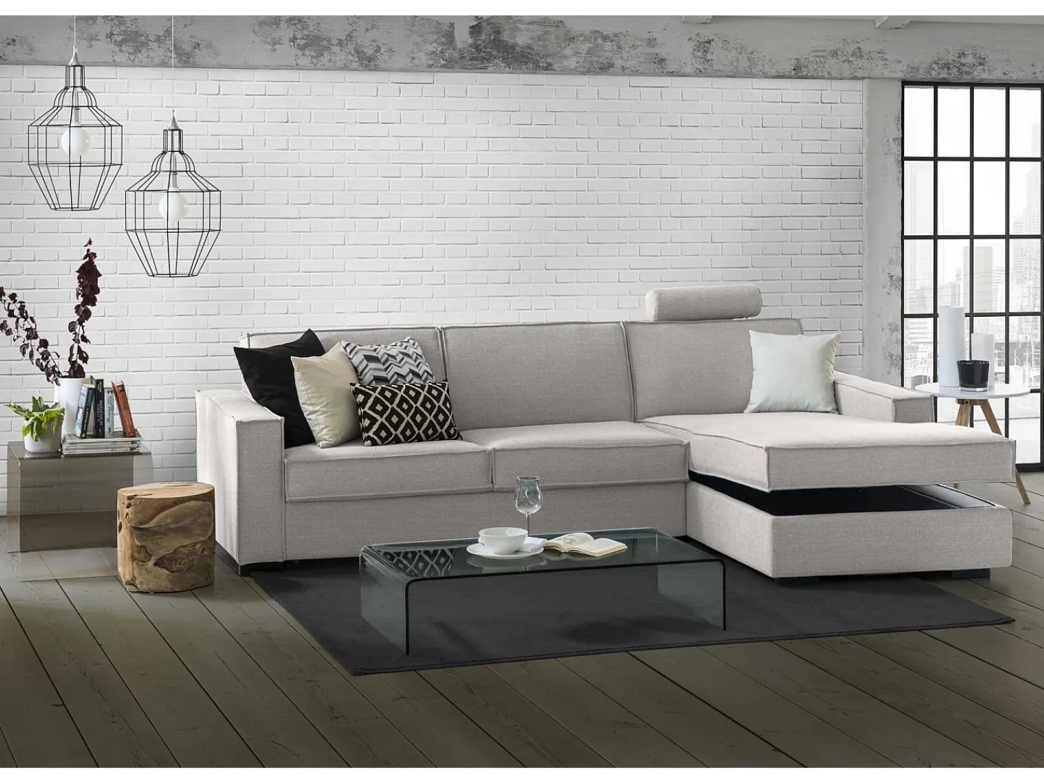 Sofá*Talamo Italia Sofá fixo Dgodea, Sofá de canto, 100% Fabricado na Itália, Sofá da sala com península direita, com braços finos, 260x95h90 cm, Cinza Cinzento