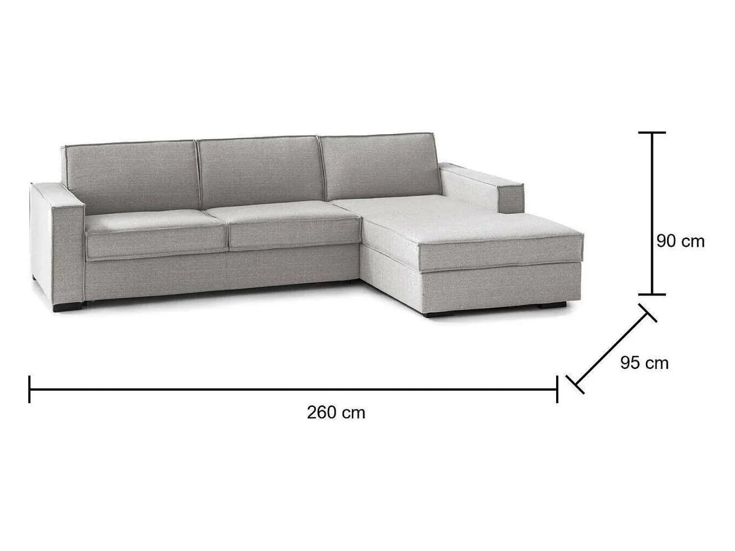 Sofá*Talamo Italia Sofá fixo Dgodea, Sofá de canto, 100% Fabricado na Itália, Sofá da sala com península direita, com braços finos, 260x95h90 cm, Cinza Cinzento