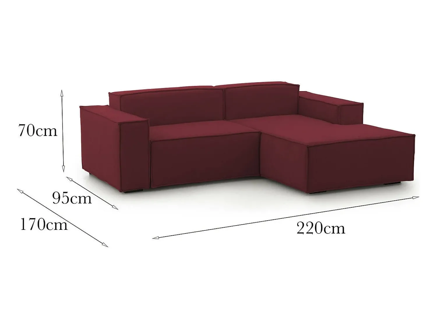 Sofá*Talamo Italia Sofá fixo Dlorenz, sofá modular de 2 lugares com península direita, 100% Fabricado na Itália, Sofá de tecido moderno, 220x170h70 cm, Vermelho
