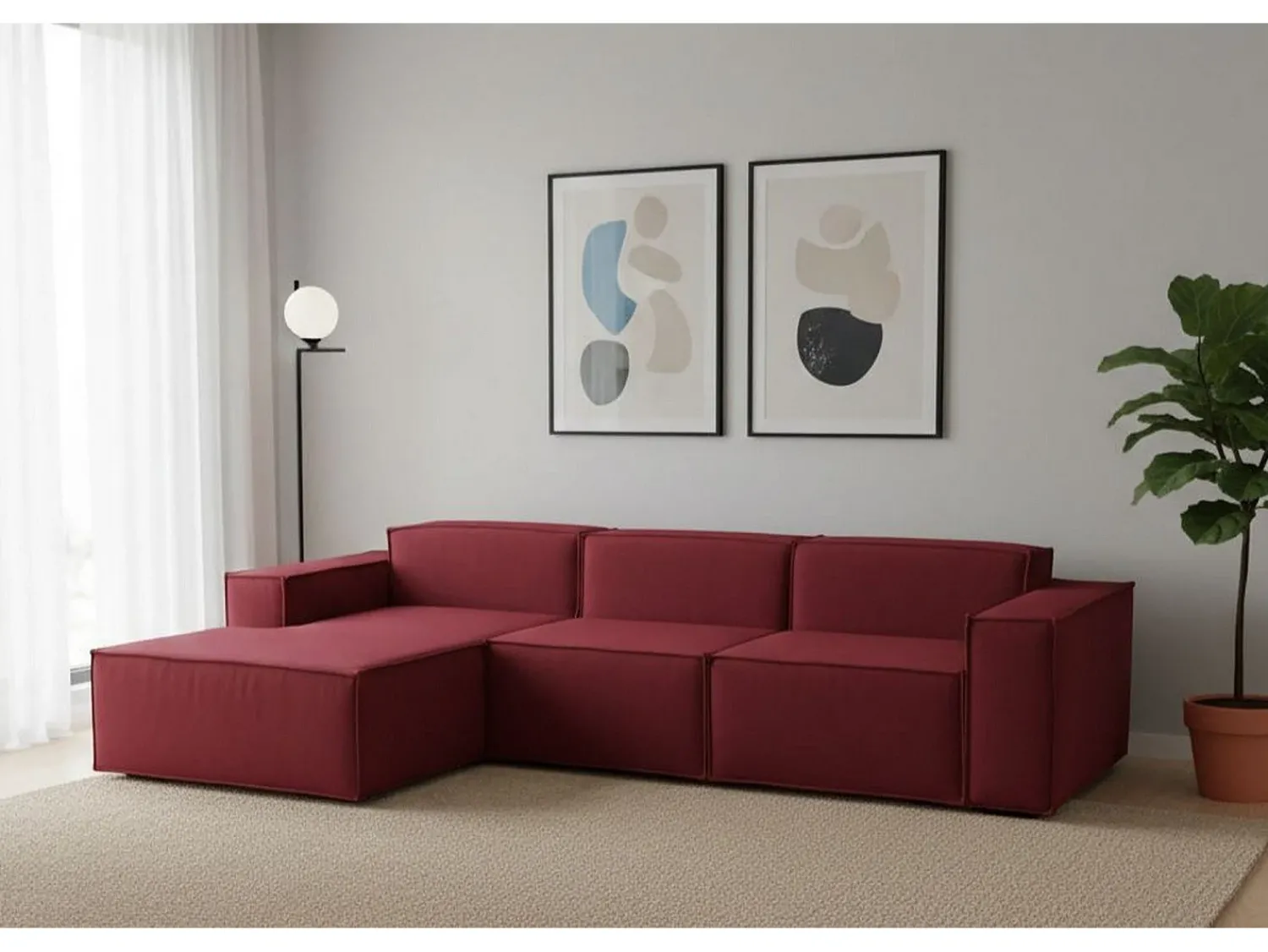 Sofá|Talamo Italia Sofá fixo Jessica, sofá modular de 3 lugares com península esquerda, 100% Fabricado na Itália, Sofá de tecido moderno, 300x170h70 cm, Vermelho