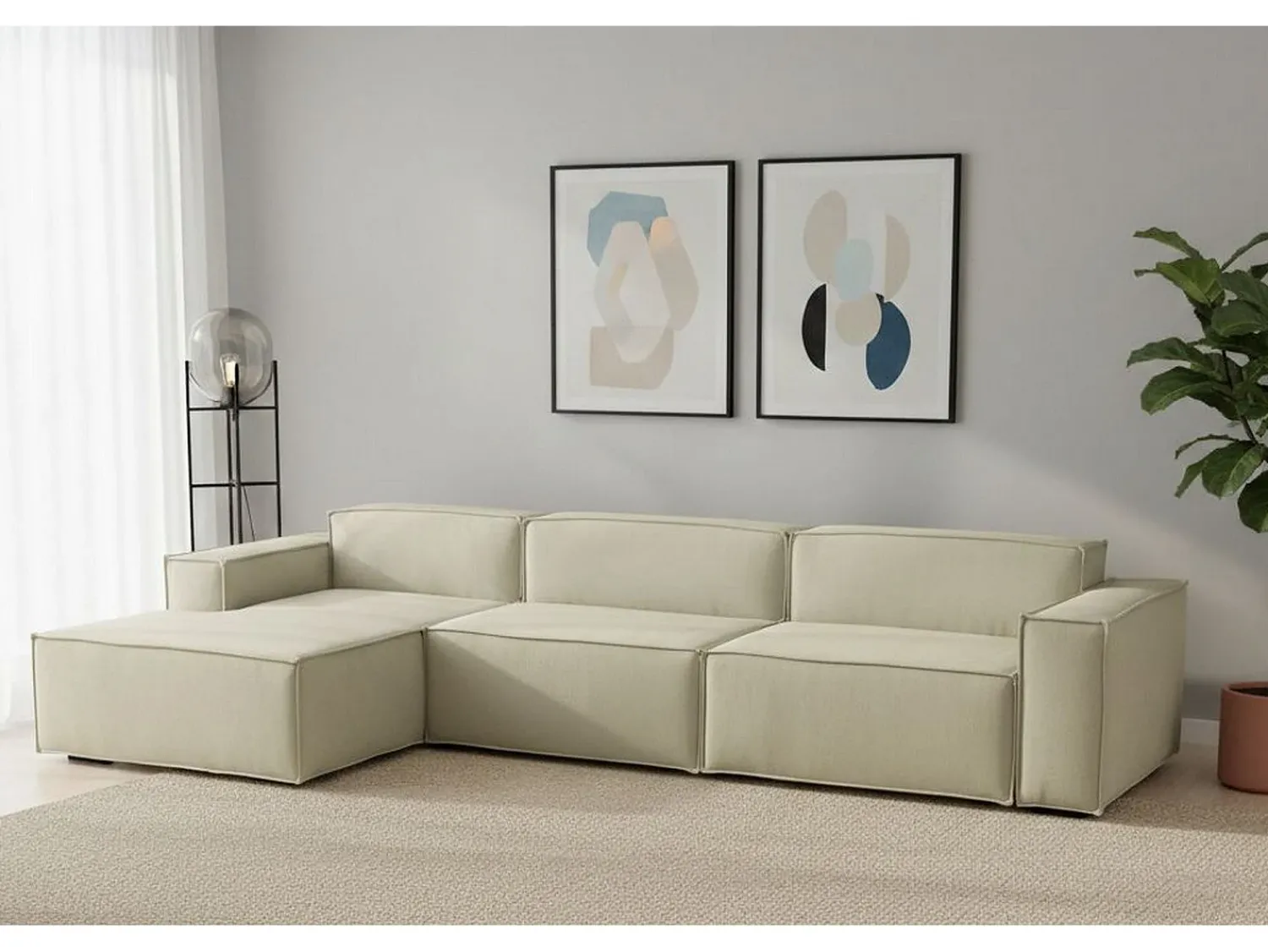 Talamo Italia Sofá fixo Licia, sofá modular de 4 lugares com península esquerda, 100% Fabricado na Itália, Sofá de tecido moderno, 340x170h70 cm, Bege