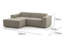 Sofá*Talamo Italia Sofá fixo Nadia, sofá modular de 2 lugares com península esquerda, 100% Fabricado na Itália, Sofá de tecido moderno, 220x170h70 cm, Taupe Cinzento