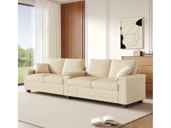 New ModernLuxe Sofá moderno 4 lugares - con apoio de braço central dobrável - con portas de carregamento USB/USB-C - Veludo canelado - Bege