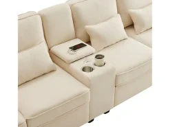 DripeX Sofá moderno 4 lugares em linho - com USB e porta-copos - 4 almofadas - 290x83x88cm -^ Sofá